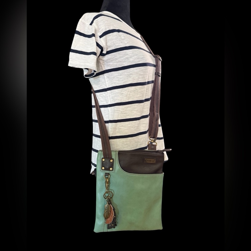 Chala Green and Brown Leather Crossbody Purse with Tassel Charm